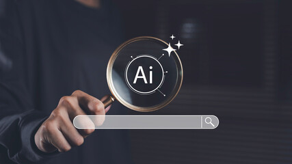 Magnifying glass focused on AI symbol with search bar, representing artificial intelligence technology used for smart search, digital exploration, and online data optimization.