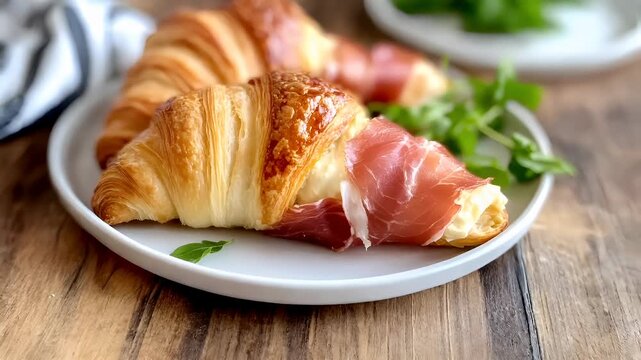 Paris, France, Europe. croissants with ham and cheese on a white plate with green herbs and a glass of watercroissant with ham, cheese.