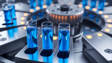 Laboratory setup showing blue liquid in test tubes on a rotating platform
