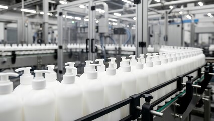 Production line shows smooth bottling process for liquid products at factory