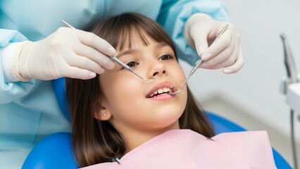 Child undergoing dental check-up at clinic with dentist present