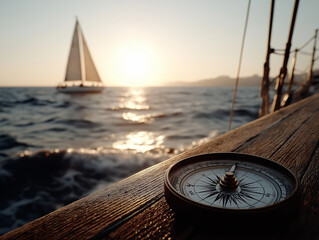 Compass Guiding the Journey: A close-up shot of a classic compass sits atop a wooden boat, with a sailboat gliding over the water as the sun sets, setting the stage for a journey, exploration.