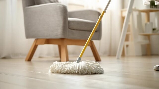 A mop in action, cleaning a hardwood floor in a cozy interior setting. A comfortable chair and window with curtain are also shown in the background.