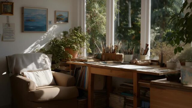 A serene study area nestled in a corner of a sunlit room, featuring a rustic wooden desk, an assortment of art supplies, and a comfy armchair, creating a perfect space for creativity and learning.