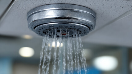 Ceiling sprinkler releasing water in an indoor setting.
