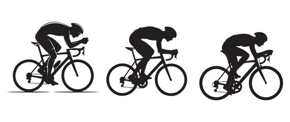 silhouette of three cyclists riding bicycles in different positions on a white background high quality professional
