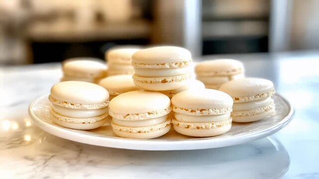Paris, France, Europe. A closeup of a plate of white macarons on a marble countertop, with a blurred background suggesting a kitchen setting.