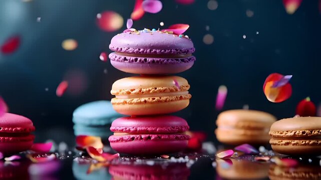 Paris, France, Europe. A closeup of a stack of colorful macarons with sprinkles on top, set against a dark, blurred background with a bokeh effect. The image is rich in vibrant colors.