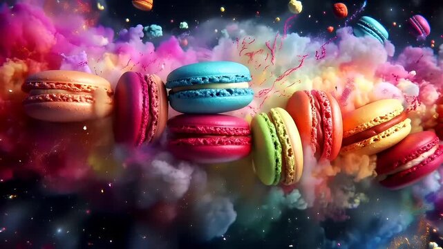 Paris, France, Europe. colorful macarons in cosmic setting with nebulous clouds and stars.