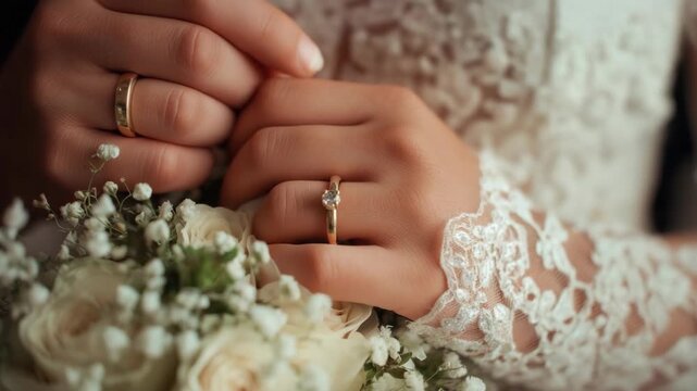 Hands of the newlyweds, the bride and the groom with the wedding ring and bouquet on the wedding day. Her hands are decorated with wedding rings, elegantly resting on top of a delicate bouquet of flow