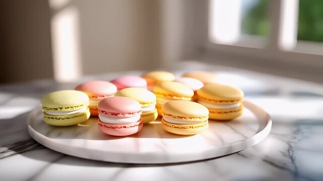 Paris, France, Europe. A closeup shot of a plate of macarons on a marble surface. The background is blurred, emphasizing the plate and its contents.
