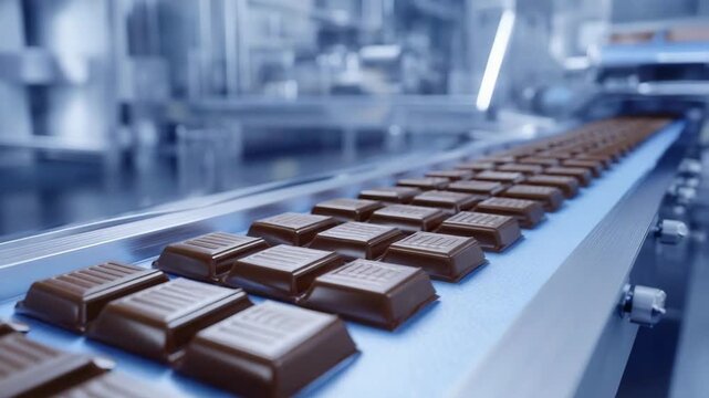 Chocolate bars on a production line, showcasing automated manufacturing. The scene captures the essence of efficiency and industrial processes. 