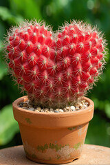 heart shaped cactus in red with spikes in a pot, love hurts, passion, romance, romantic, portrait format, photorealistic