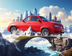 Red car levitates on a rock bridge over a turbulent river, with city and mountain backdrop
