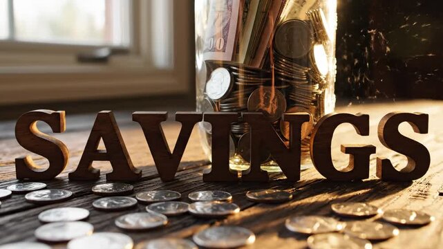 Coins And Jar Spelling Savings On Sunlit Wooden Table, Scattered Coins Forming Pile, Warm Sunlight Reflection On Metal Container, Wooden Letters Forming Word Savings, CloseUp Shallow Depth