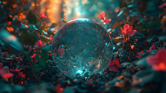 Luminous crystal orb rests among red and green flower foliage. Refreshing background creates cheerful and gentle mood for message. sphere of nature embodies magic and fantasy glowing 
