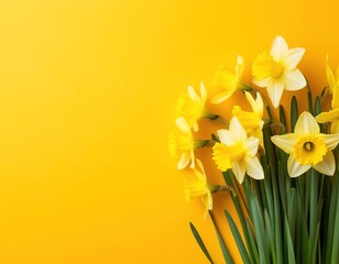 Fototapeta premium Yellow daffodils on a yellow background. Spring floral background with space for text. Template for an Easter card or banner