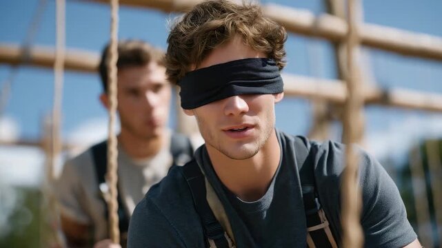Employees participating in a trust-building activity, where one person is blindfolded while their teammates guide them through an obstacle course, fostering communication and teamwork in an outdoor