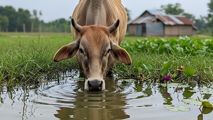 Serene cow drinking from a peaceful pond in a lush green landscape