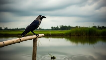 Majestic black bird perched on bamboo stick by serene lake