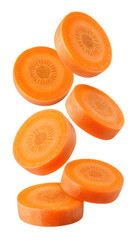 Falling Fresh Orange Carrot Slices isolated on transparent background