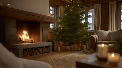 Holiday living room featuring a Christmas tree, warm fireplace filled with burning logs, wrapped gifts and lit candles, expressing coziness, gratitude, and winter tradition. cinematic color