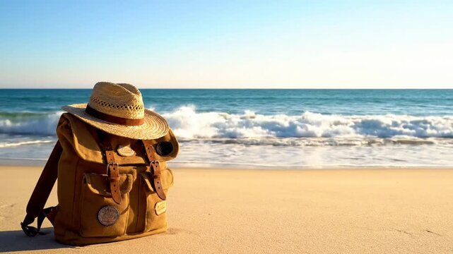 A backpack and sunhat on a serene beach with ocean waves.