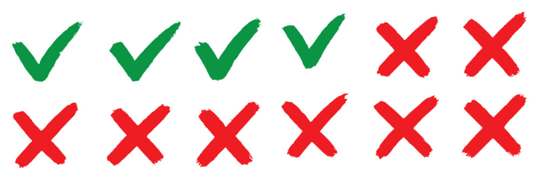 Grunge vector checkmark and cross. Grunge green check mark and red cross mark icon set. brush correct or incorrect sign with circle