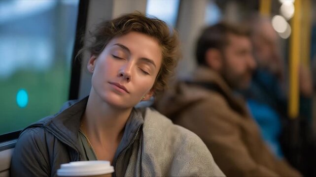 In an early morning subway commute, sleepy passengers clutch coffee cups, depicting the universal struggle of waking up and starting the day while surrounded by the rhythmic sounds of the train.