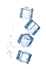 Four Crystal Ice Cubes Falling isolated on transparent background