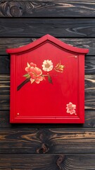 Red sign with floral artwork mounted on wood