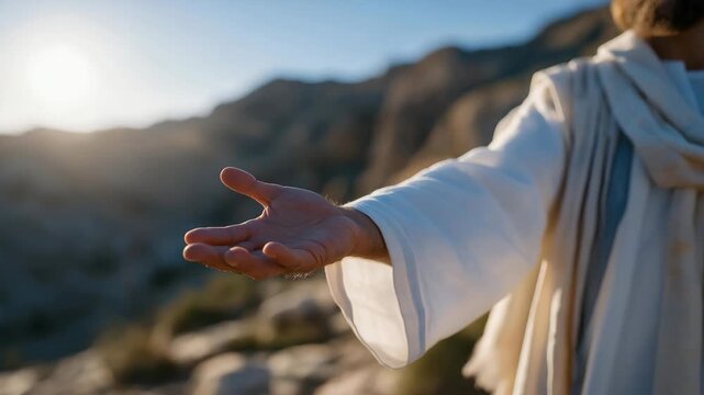 Jesus Christ reaching out in a moment of blessing, open hand and serene posture representing divine mercy, unconditional love, spiritual comfort, and religious devotion. cinematic color correction,