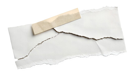 Roughly torn white paper fragments are layered and taped with a beige strip, professionally isolated for transparent background designs.