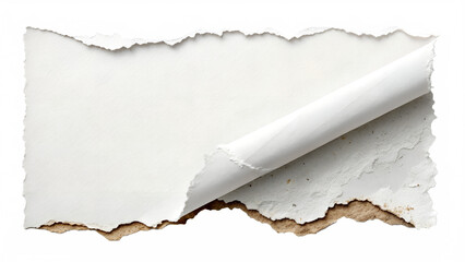 An isolated section of white textured paper is torn and curling, revealing an old rough brown layer with ragged edges.