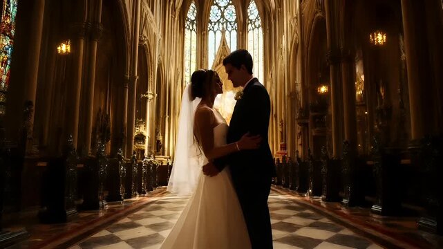Paris, France, Europe. A wedding photograph featuring a bride and groom in a church setting. The bride is wearing a white wedding gown with a long train, and the groom is in a black suit.