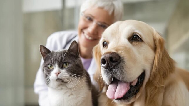 A friendly veterinarian smiles with a dog and cat during examination 
