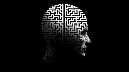 A labyrinth design fills the head, showing the complexity of thoughts and ideas in a dark setting. The profile stands out against the black background