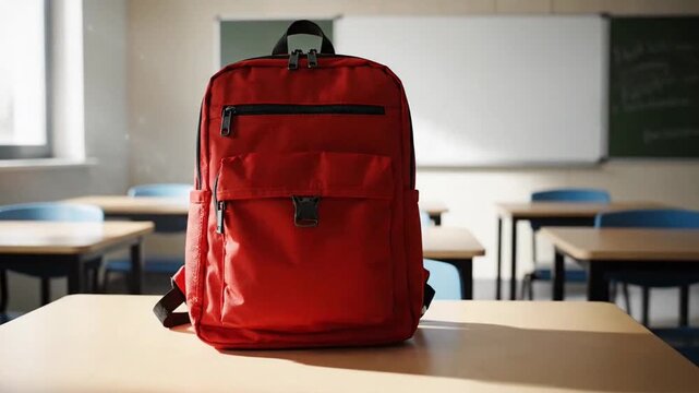 A red backpack sits on a desk in a bright, empty classroom.