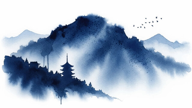 Serene Japanese Watercolor Mountain Landscape with Pagoda and Birds