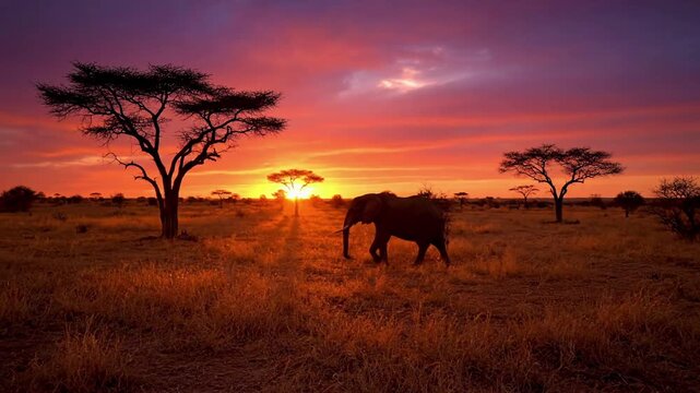 Highlighting the peaceful presence of an elegant wild animal, moving gracefully across the golden plains as dusk settles over the expansive wilderness.