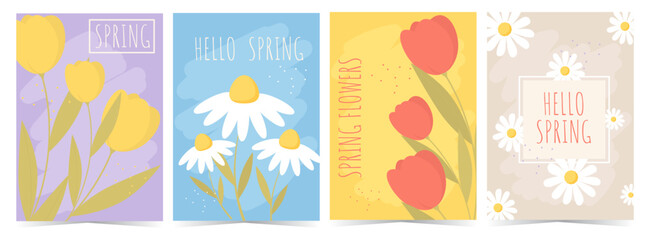 A set of vertical spring floral cards. Tulips, daisies, and chamomile are perfect for holidays like 8 march, Mother's Day, and Easter. Vector EPS 10.