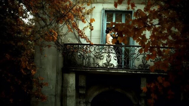 Paris, France, Europe. A wedding couple sharing a kiss on a balcony with autumn leaves. The bride and groom are dressed in formal attire.