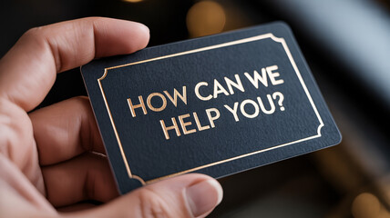 Hand holding premium black card with gold "HOW CAN WE HELP YOU?" text close up view