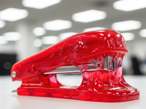 Bright Red Transparent Stapler on a Desk