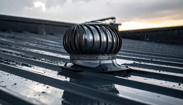 Metallic wind turbine ventilator on a corrugated metal roof, wet from rain
