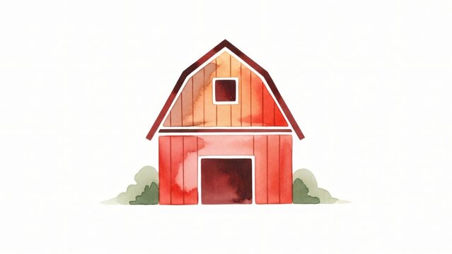 Watercolor painting of barn with red roof and red door side of.