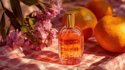A bottle of orange-scented drink mix placed among oranges and pink flowers on a checkered cloth, perfect for an outdoor gathering