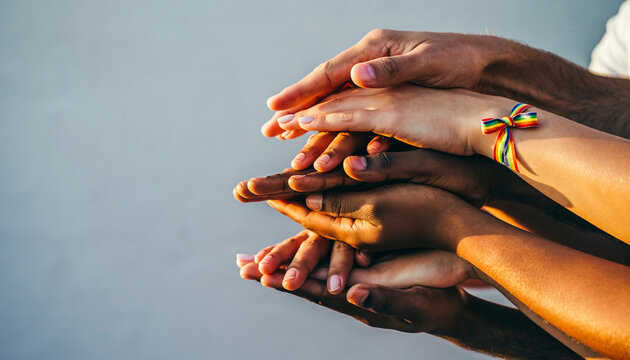 Close up of diverse multicultural hands stacked together with rainbow ribbon for LGBTQ community support and unity concepts