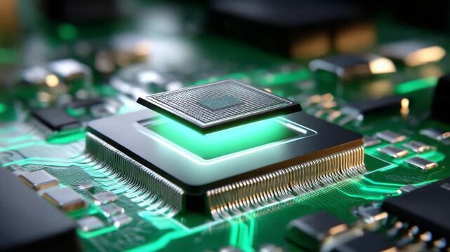 Close-up of an advanced microchip on a circuit board, showcasing intricate details of electronic components, with vibrant green lighting highlighting the processor's features and surrounding circuitry