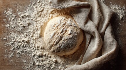 Obraz premium Dough prepared for baking sits on a smooth wood surface covered in flour, with a cloth resting beside it in a kitchen during daytime hours
